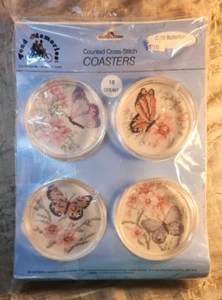 FOND MEMORIES Counted Cross Stitch Coasters Kit C-13 Butterflies 18 Count NEW - Picture 1 of 3