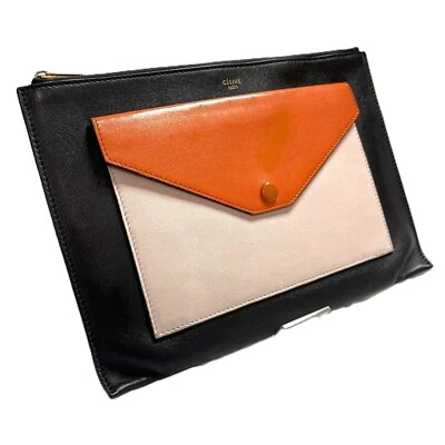 CELINE Clutch bag black Orange Beige Leather Clutch Bag Auth - Image 1 of 4