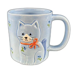VTG Otagiri Japan Blue Cat With Floral Accents Pink Ribbon Hot/Cold Beverage Mug - Picture 1 of 6