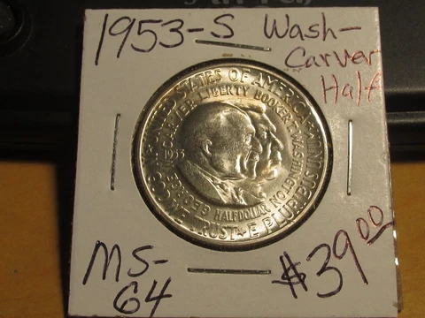 1953-S Washington Carver Commemorative Silver Half Dollar. Choice BU Cover
