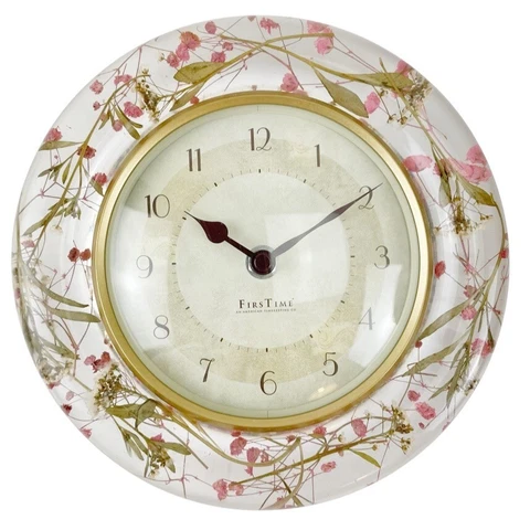 Vintage Lucite Wall Clock Acrylic Resin with Dried Flowers Pastoral Dwelling 8" Cover