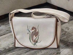 Vintage The Original Florida Keys Handbag Off-White Seahorse Nautical Vinyl - Picture 1 of 14
