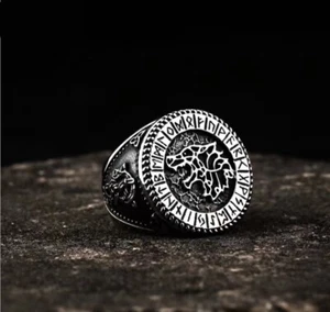 Men Retro Wolf Engraved Inscription Resilience Strength Viking Animal Totem Ring - Picture 1 of 5