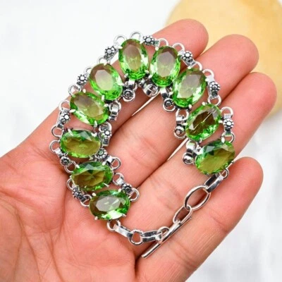 925 Sterling Silver Green Peridot Gemstone Handmade Jewelry Bracelet Size-8" - Image 1 of 4