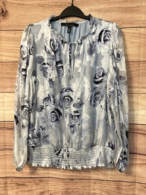 White House Black Market Sz L Blue/Gray Floral Lined Chiffon Blouse Long Sleeve - Image 1 of 4