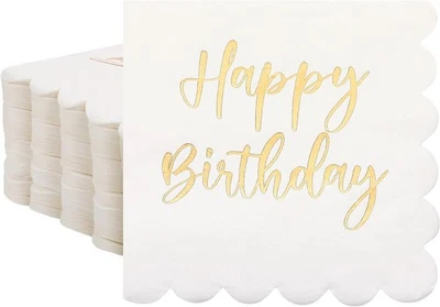 Paquete de 100 servilletas desechables festoneadas a granel Qilery de feliz cumpleaños blancas  Foto 1 de 4