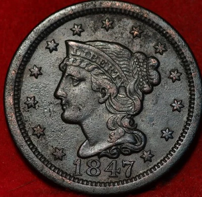 1847 Philadelphia cabelo trançado de cobre perfeito centavo grande - Imagem 1 de 2