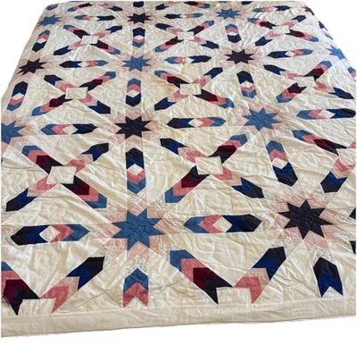 复古 Arch 被子手工制作 80 英寸 x 80 英寸大号羽毛星星被子毯粉色蓝色 — 第 1/4 张图片