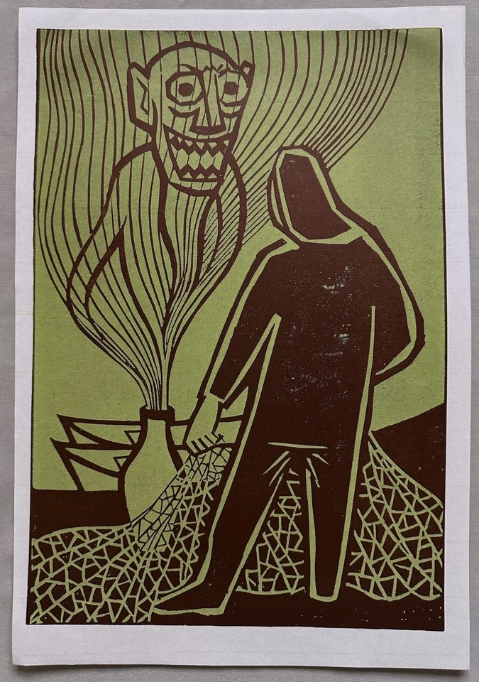 Friedrich Dworak Linolschnitt - Der Geist in der Flasche, grün - Bild 1 von 1