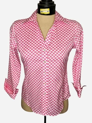 Blusa Talbots Resistente a Arrugas Rosa Blanco Estampado Diamante 2P Abotonada Preppy Foto 1 de 4