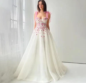 3D Flowers Wedding Dresses Pink Bow Shoulder Sweetheart Bridal Gown Princess - Picture 1 of 6