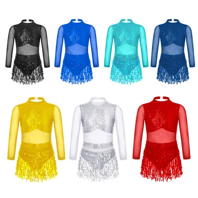 Kids Girls Sequin Tassel Latin Jazz Dance Dress Hollow Back Salsa Rumba Costume - Image 1 of 3