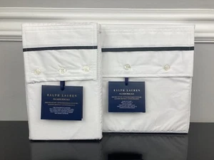 Ralph Lauren Palmer Percale Organic Flat Sheet Pillowcases White Loft Gray QUEEN - Picture 1 of 9