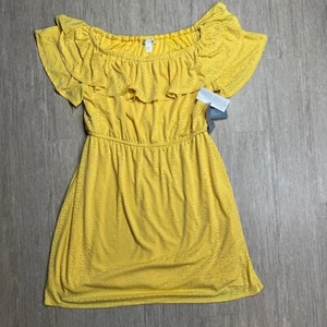 London Times Womens Yellow Crochet Knit Dress NEW 1X Lined Boat Neck Midi Ruffle - Picture 1 of 9
