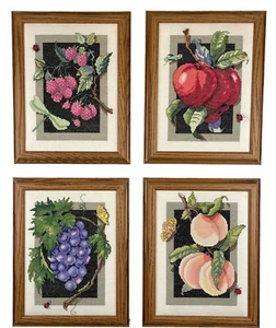 Vintage Framed Finished Cross Stitch Art Fruit Pictures 9"x11.5" Each S/4 - Imagen 1 de 6