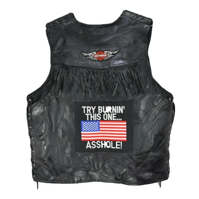 NAVARRE Italian Buffalo Leather Mens 4X Biker VEST Try Burning this flag @$$hole - Image 1 of 4