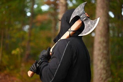 THE FORGED FACTORY Hand Forged Double Blade Viking Axe, Handcrafted Outdoor Axe with Leather Grip