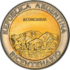 Argentina 1 Peso Coin | Aconcagua | Mountains | Sun | KM157 | 2010 - Picture 1 of 6
