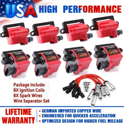8 Pack Square Ignition Coil And Spark Plug Wire For Chevy GMC 4.8L 5.3/6.0L 8.1L - Image 1 of 4