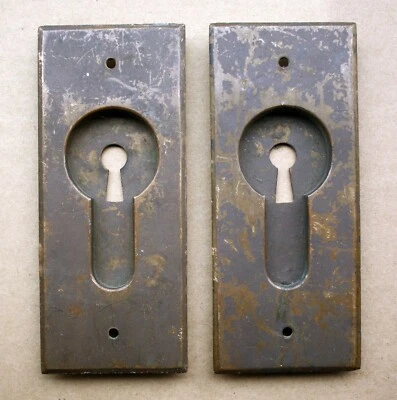 BIG! Pair Antique Vintage Old SOLID Cast Bronze Brass Pocket Door Key Plate Pull - Image 1 of 4