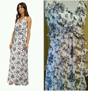 $168 JESSICA SIMPSON Blue Multi Floral Print Chiffon Ruffle Maxi Dress~ 10 M3020 - Picture 1 of 12