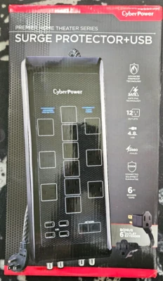 CyberPower Premier Home Series 12-Outlet Surge Protect 6' Braided Cord USB Coax - Image 1 of 2