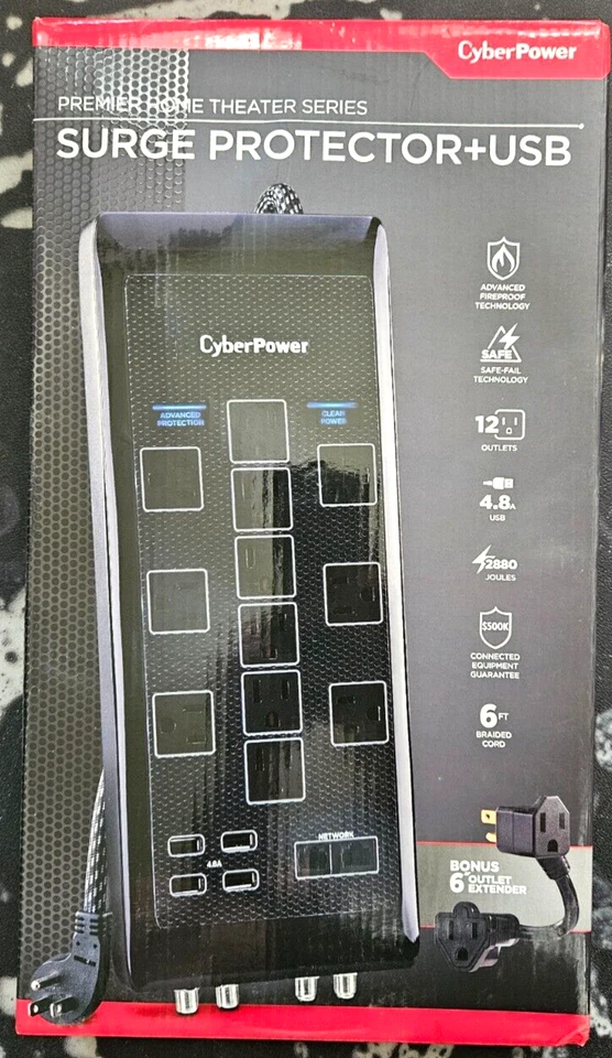 CyberPower Premier Home Series 12-Outlet Surge Protect 6' Braided Cord USB Coax - Image 1 of 2