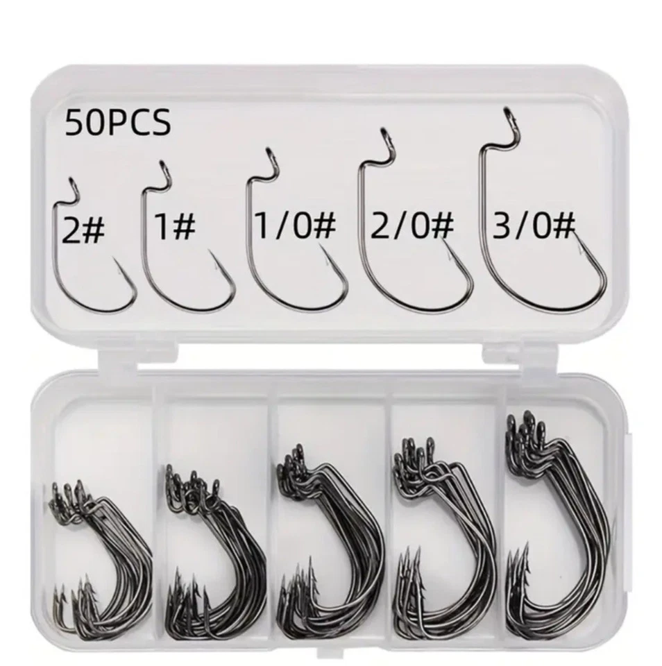 50x Offset Hooks Wide Gap Weedless Worm Hooks Pike Perch Soft Lures Fishing - Image 1 of 4