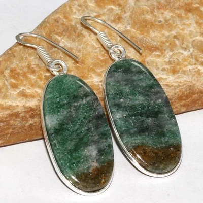 Elegante Pendientes Aventurina Verde Chapados en Plata 925 2" Regalo Étnico GW Foto 1 de 3