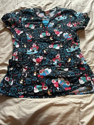 Scrub Top White Cross Women’s Small Snowman Christmas Print V-neck Back Tie - Image 1 of 4