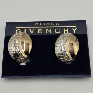 Givenchy Designer Clip-on Shiney Gold Plated And Silver Tone Textured Earrings - Picture 1 of 4