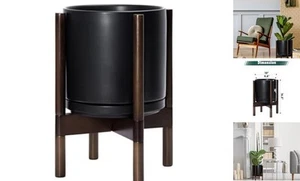 Ceramic Planter with Walnut Color Stand 10 Inch Black Pot + Walnut Color Stand - Picture 1 of 7