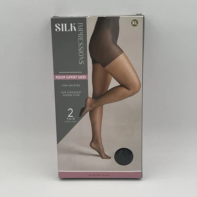 2 Pair Black X-Large XL Silk Impressions Pantyhose Medium Support High Waist New - Image 1 of 2