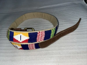 A Tail We Could Wag Leather & Cotton Multicolor Striped Belt Sz 34 Tribal Unisex - Picture 1 of 5