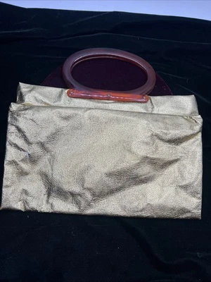 Vintage Gold Lame Fold Over Purse Amber Lucite Handle Bag Foil - Image 1 of 4