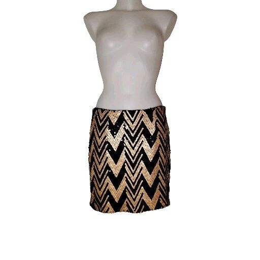 Gianni Bini Sz M Womens Black Gold Sequin Retro Feminine Mini Party Skirt