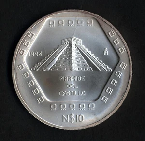 Mexico PIRAMIDE DEL CASTILLO * 10 Nuevos Pesos 1994 * 5 Ounces .999 Silver UNC - Picture 1 of 3