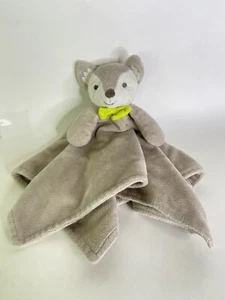 Honey Bunny Fox Wolf Puppy Dog Lovey Gray White Baby Security Blanket Green Bow - Picture 1 of 8