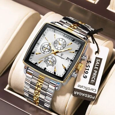 2024 POEDAGAR Luxury Men's Quartz Watch Square 3Bar Chronograph Stainless Steel - Image 1 of 4