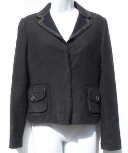 PRADA Black Midnight Navy Tweed Brown Raw Edge Notch Lapel Snap Blazer Jacket 40 - Picture 1 of 12
