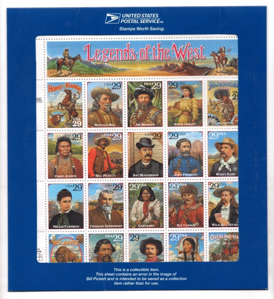 US 1994 RECALLED ERROR SHEET LEGENDS OF THE WEST FULL SHEET SCOTT #2870 MNH - Image 1 of 2