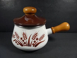 Vintage Mid Century Modern Levcoware Enamel Fondue Pot Wheat Pattern - Japan - Picture 1 of 12