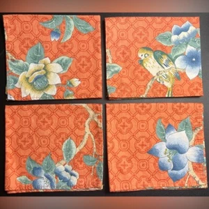 4 Vintage Chinoiserie Botanische Stoff Dinner Servietten Handarbeit Orange Blau Grün - Bild 1 von 9