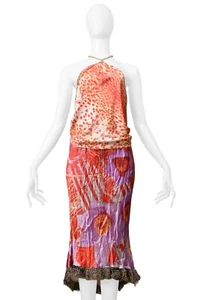ROBERTO CAVALLI RED & PURPLE LEOPARD & FLORAL 2 PIECE SKIRT AND TOP 2000 - Picture 1 of 9