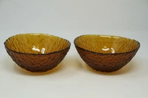 Set of 2 Handmade Brown Ripple Glass Cereal Bowls Butterscotch Mid Century Vtg - Picture 1 of 6