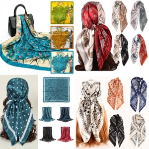 90cm Womens Printed Silk Satin Scarf Smooth Scarves Square Shawl Hijab Head W• - Picture 1 of 76