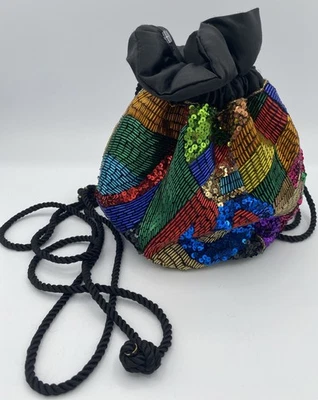Vintage Neiman Marcus 1980’s Beaded Sequin Evening Bag Drawstring Purse - Image 1 of 4