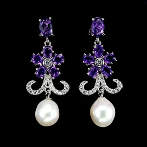 925 Sterling Silver Earrings Oval Amethyst Pearl Natural Gemstone Jewelry - Picture 1 of 14