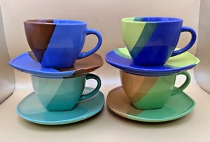 Sky Canyon Coffee/Tea Cup And Saucer, Blue Green Yellow Orange Brown 4 PC - Picture 1 of 6