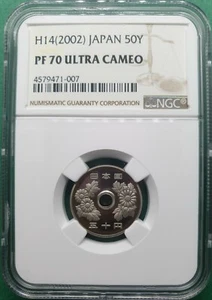 H14 (2002) JAPAN 50 YEN NGC PF 70 ULTRA CAMEO  NGC TOP POP ONLY 8PC! - Picture 1 of 3